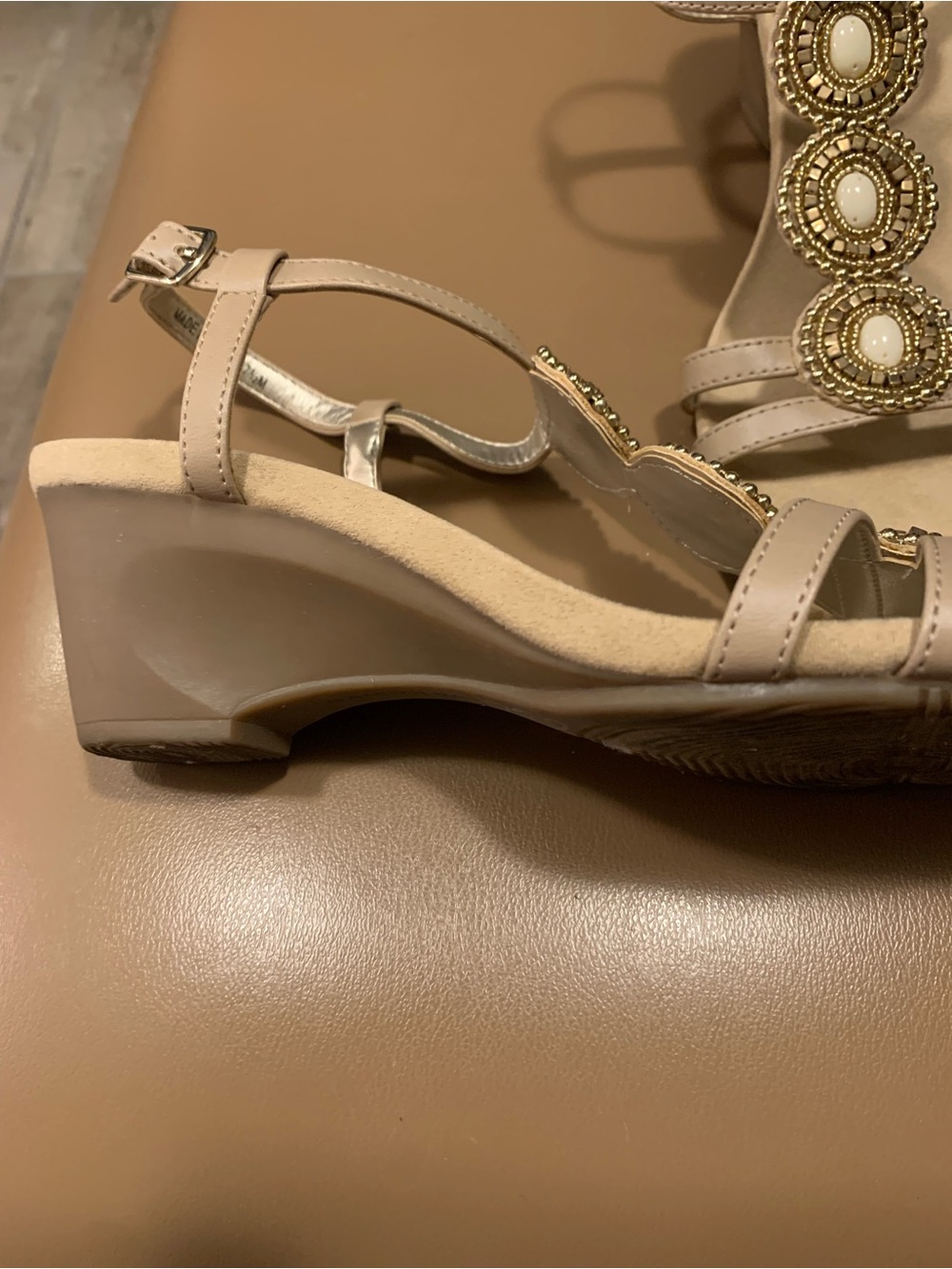 Bandolino Beaded T-Strap Wedge Sandals - Beige. Never worn.